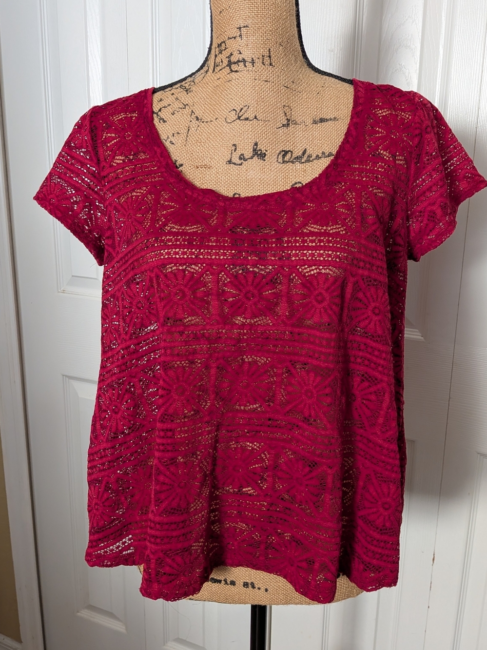 American Eagle Outfitters Dark Red Lace Short Sleeve Top